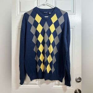 2/$40 Structure Men's V-Neck Sweater in Navy and Yellow Argyle Cotton XL